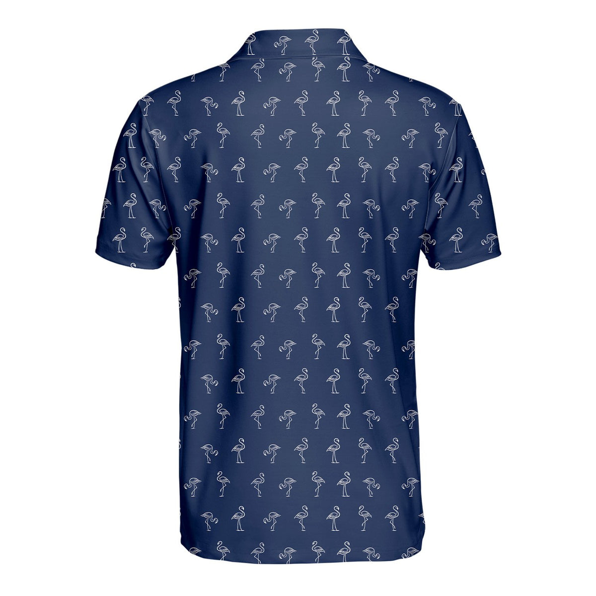 Back view of the navy flamingo polo shirt