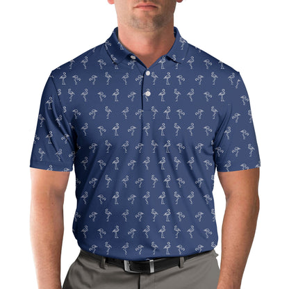 Close up front view of the flamingo pattern polo shirt
