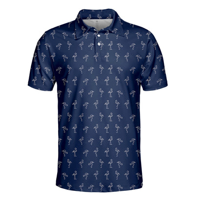 Front view of the navy flamingo polo shirt