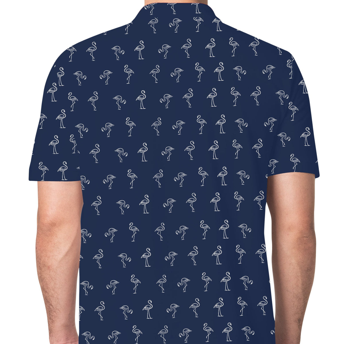 Detail view of the navy flamingo polo shirt fabric