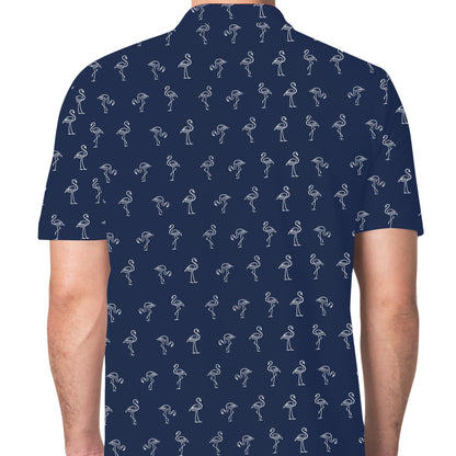 Detail view of the navy flamingo polo shirt fabric
