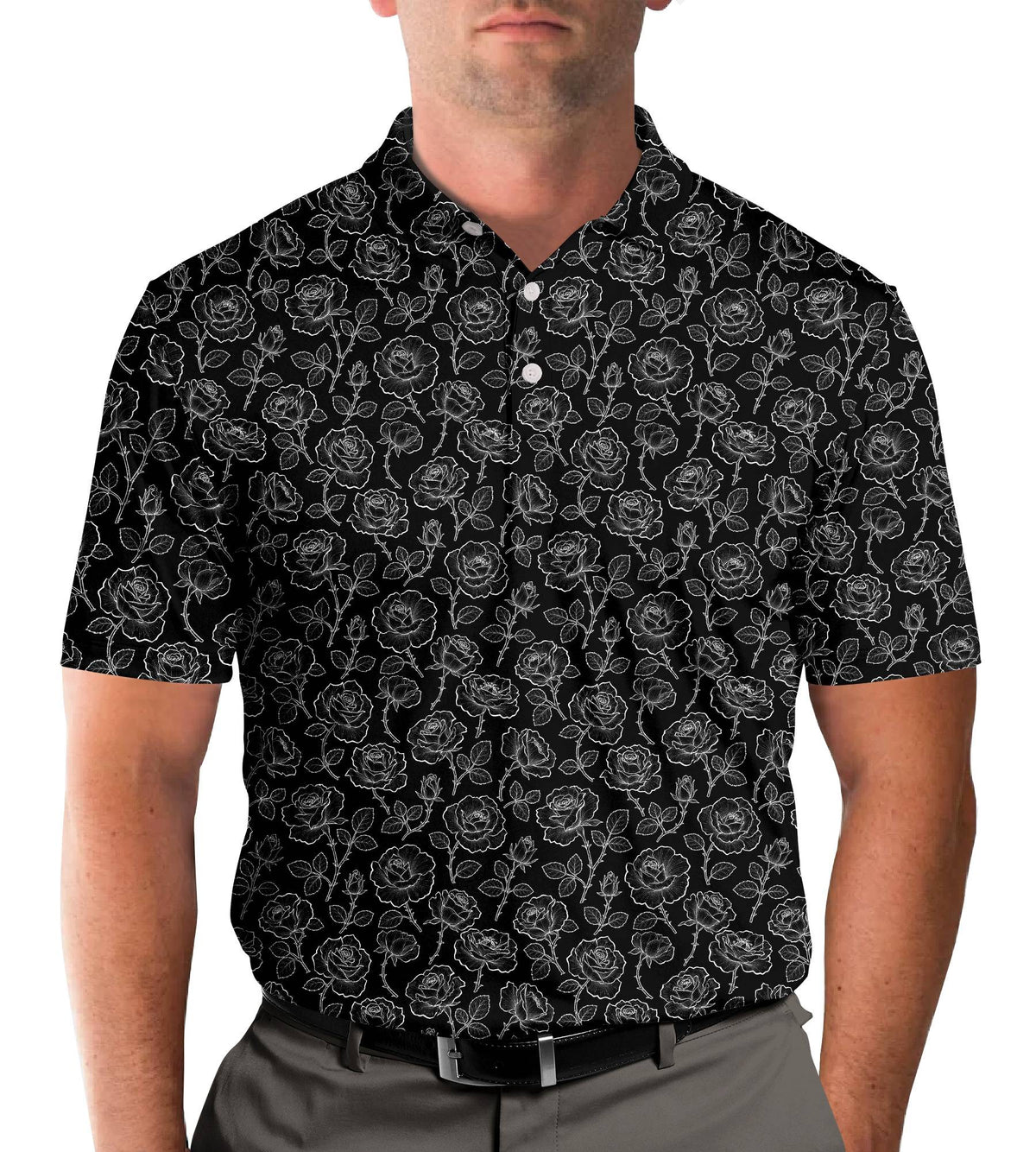 Back view of the black floral polo shirt