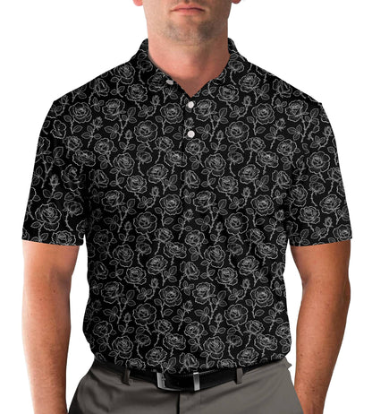 Back view of the black floral polo shirt
