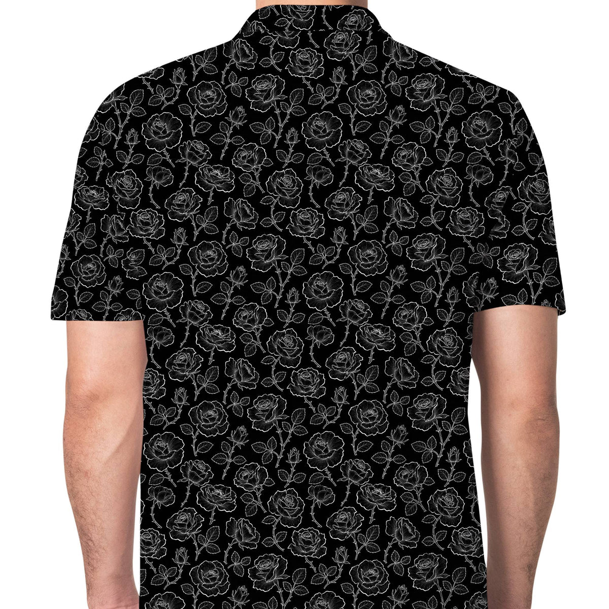 Detailed front view of black floral polo shirt