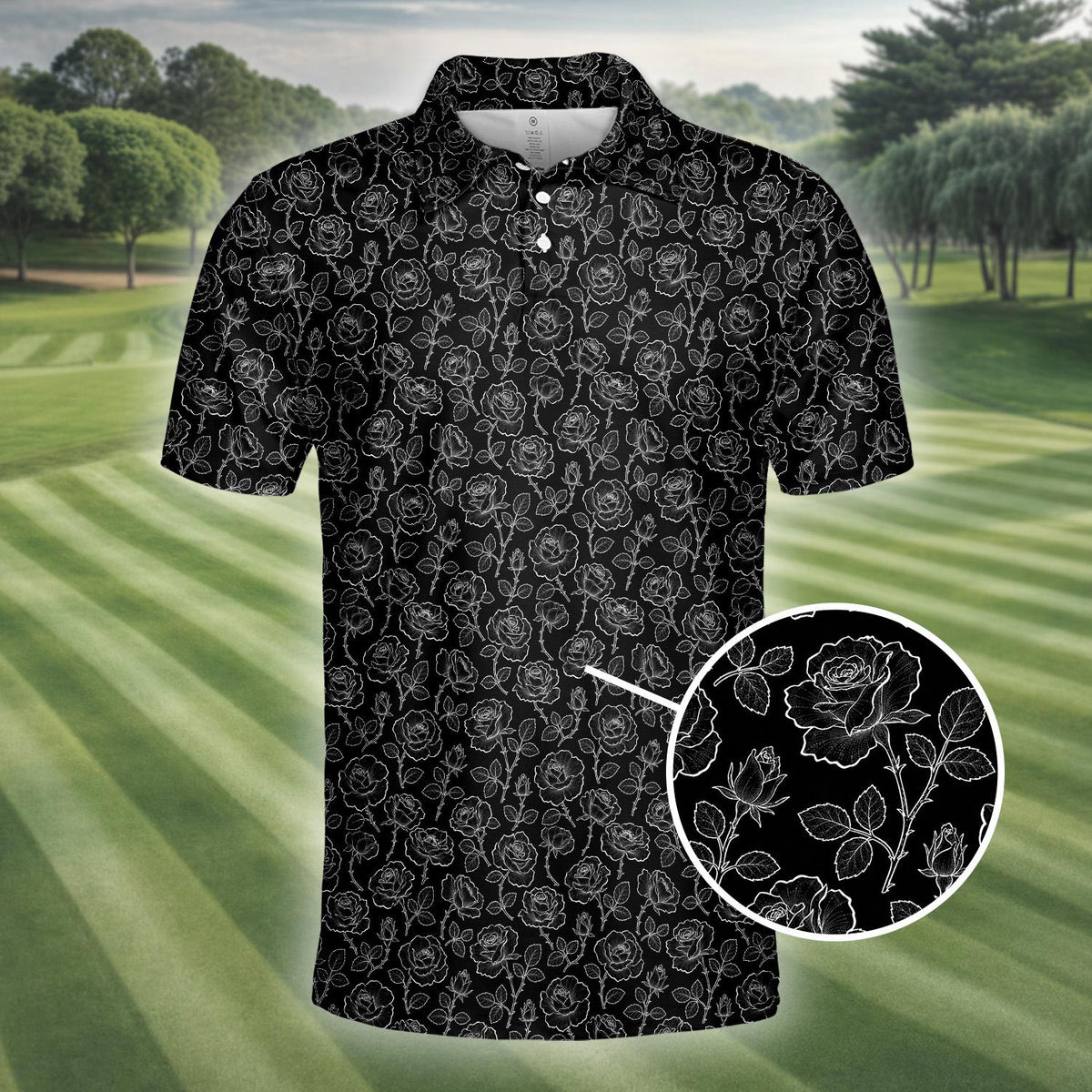 Close up front of the floral pattern polo