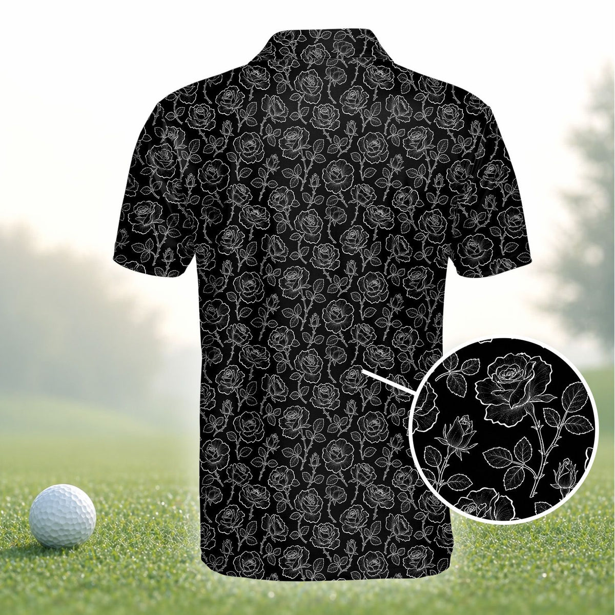 Front view of the black and white floral polo