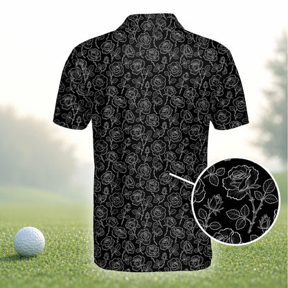 Front view of the black and white floral polo