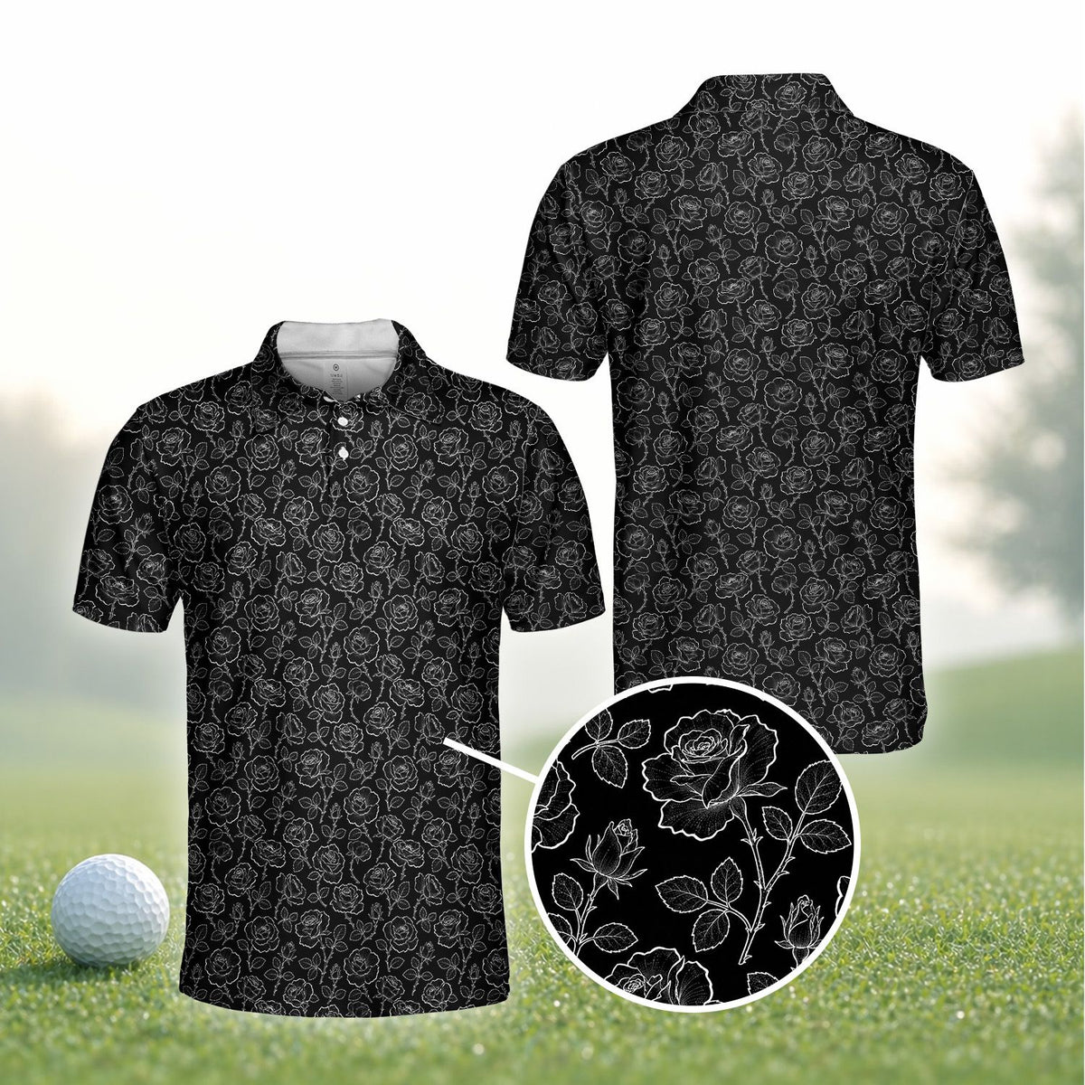 Black floral polo shirt with white outlined roses, main view