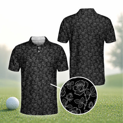 Black floral polo shirt with white outlined roses, main view