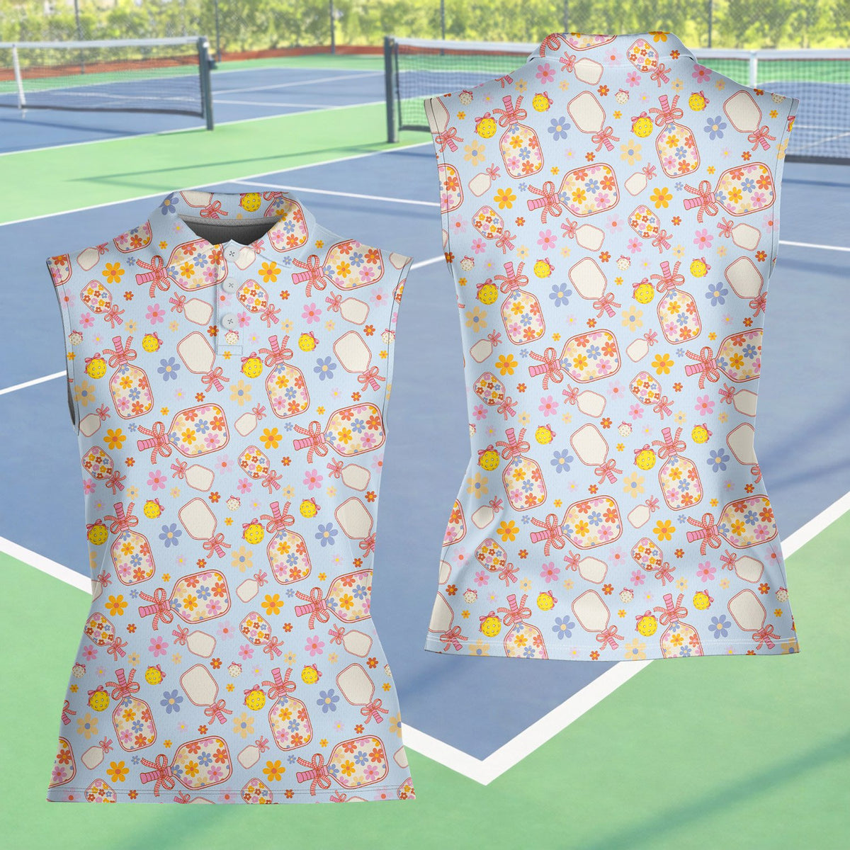 Alternative front view of the light blue floral pickleball polo shirt