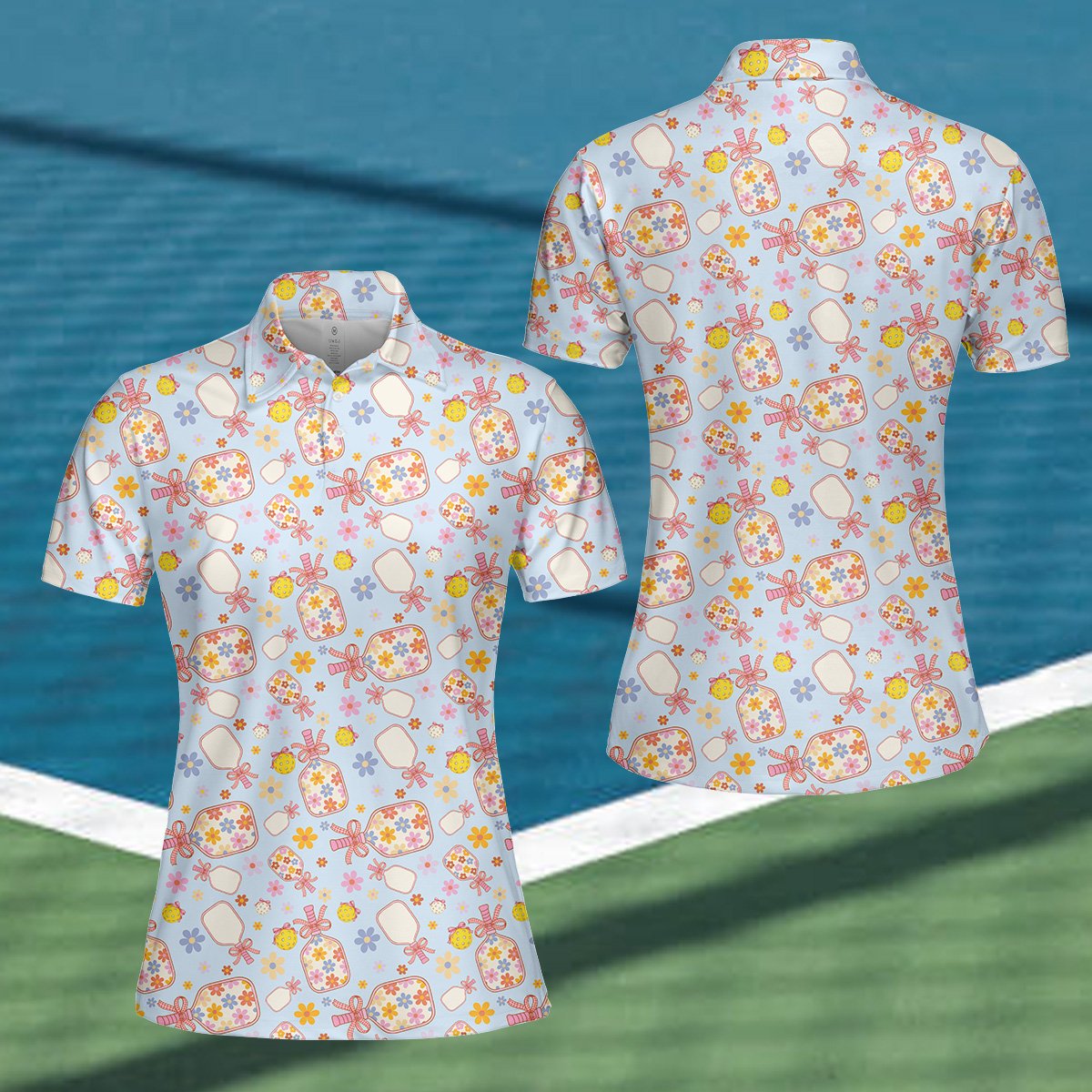 Light blue floral pickleball polo shirt, flat lay front view