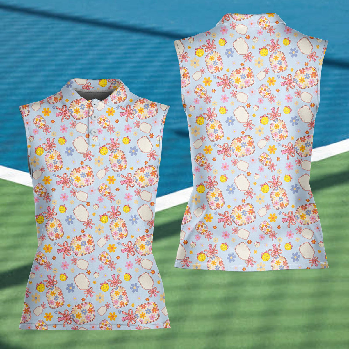 Light blue polo shirt with floral pickleball design, front view