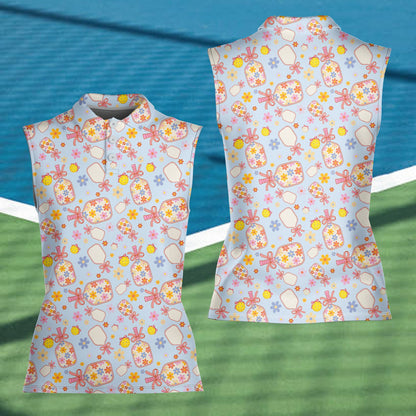 Light blue polo shirt with floral pickleball design, front view