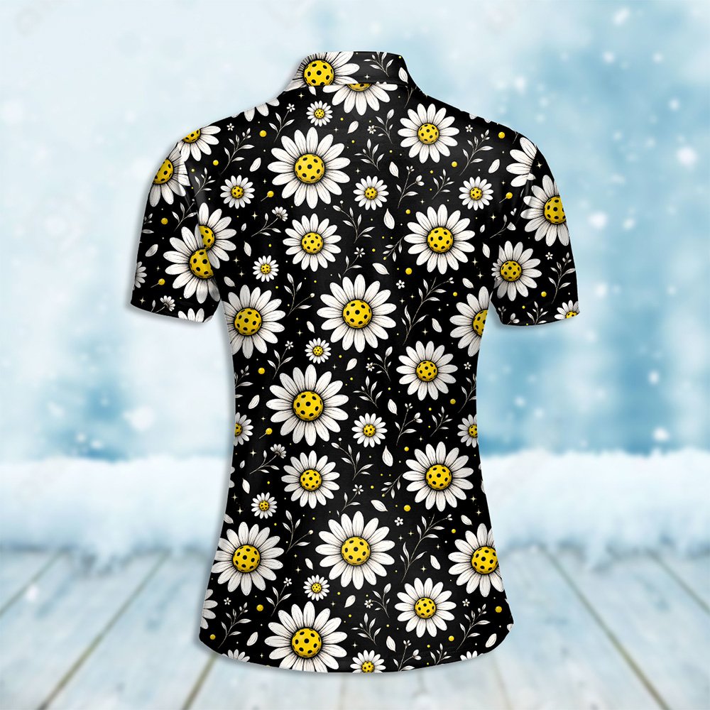 Back view of the floral pickleball polo shirt showing the continuous all-over print