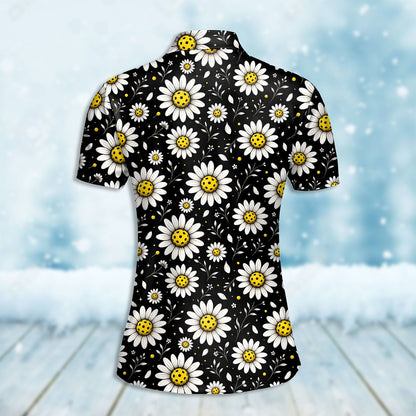 Back view of the floral pickleball polo shirt showing the continuous all-over print