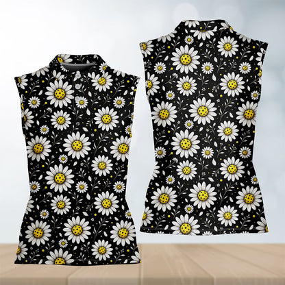 Detailed front view of the floral polo shirt mens style highlighting the daisy pickleball pattern