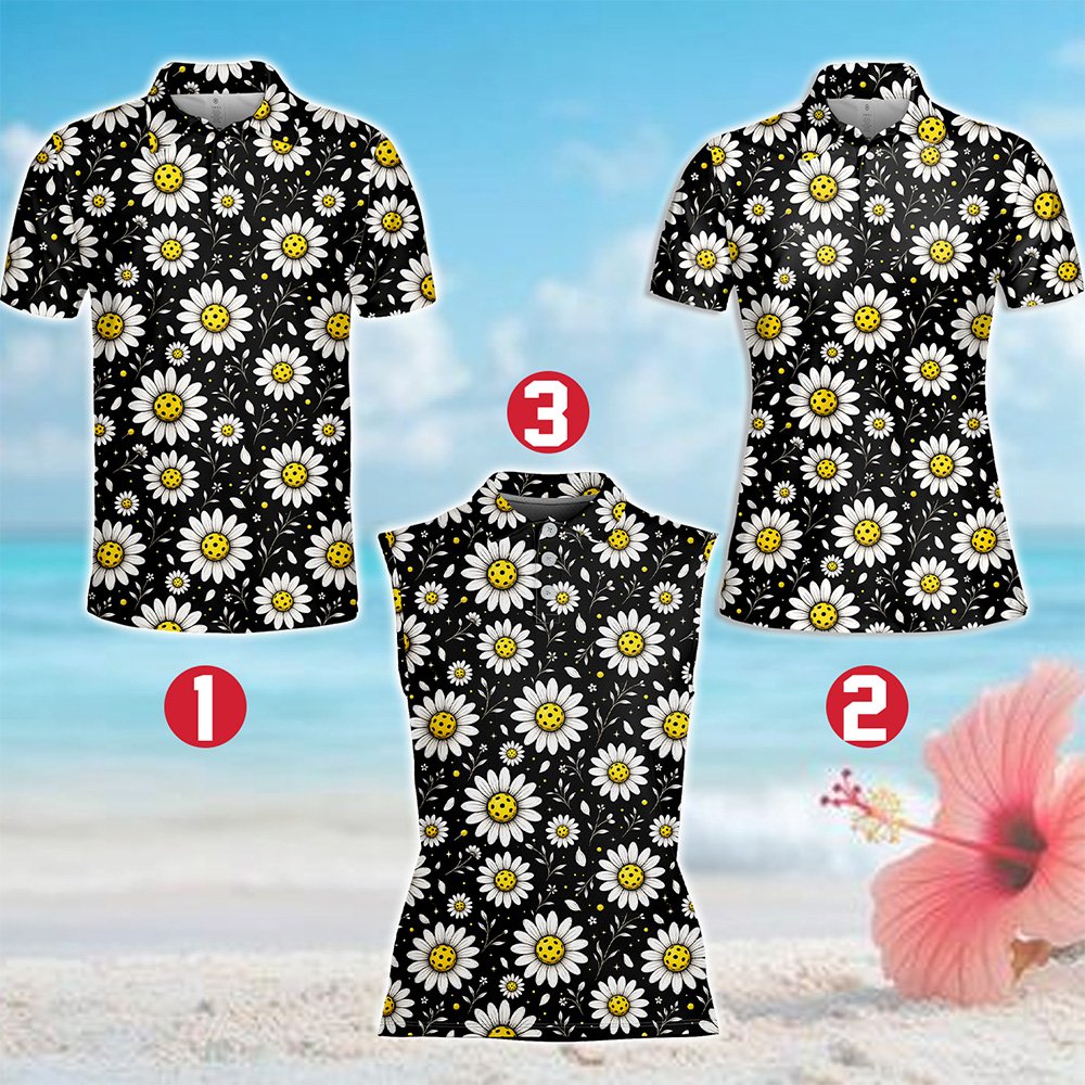 Alternative front view of the black and yellow floral polo shirt