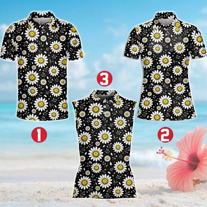 Alternative front view of the black and yellow floral polo shirt