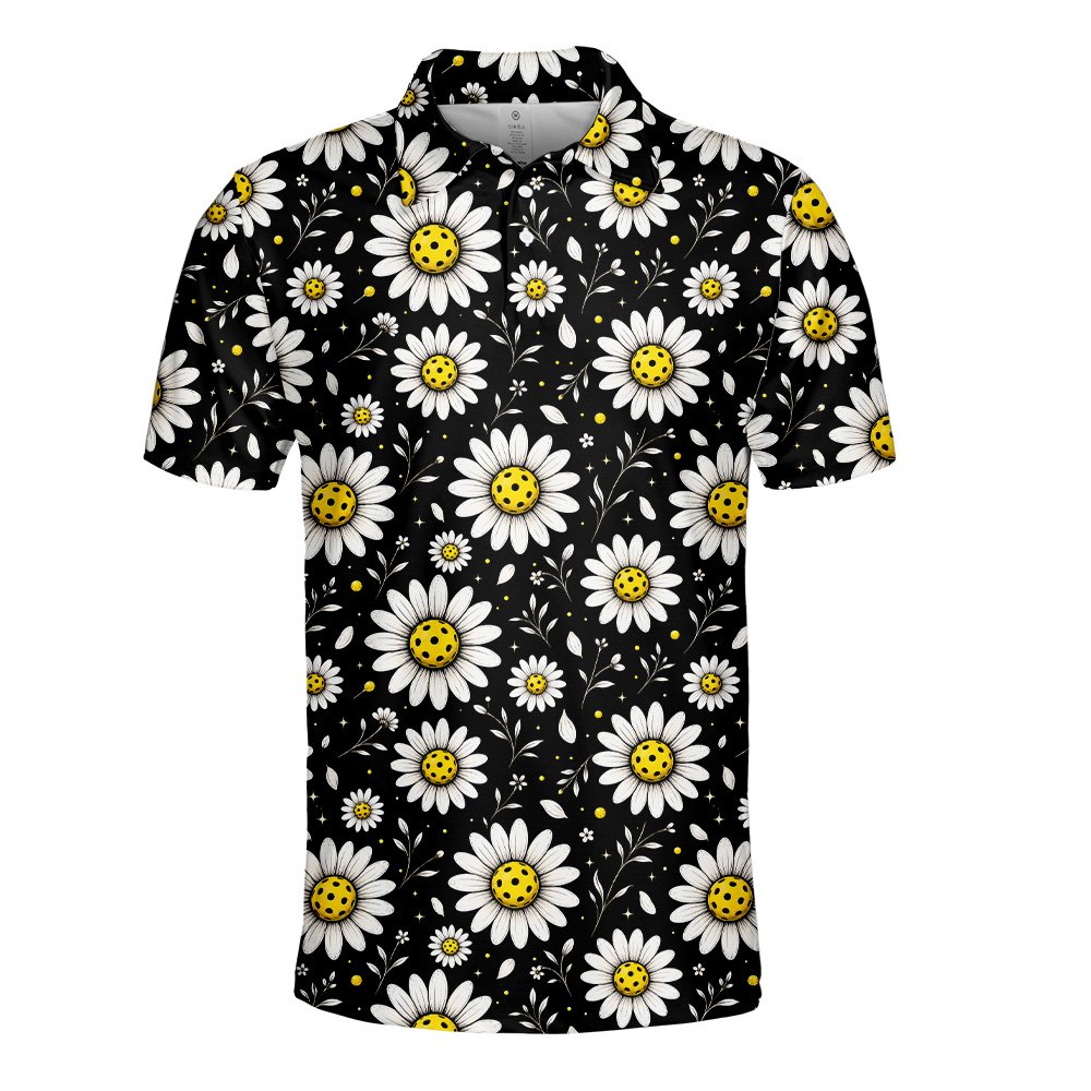 Detailed fabric view of the polyester polo shirt with pickleball daisies