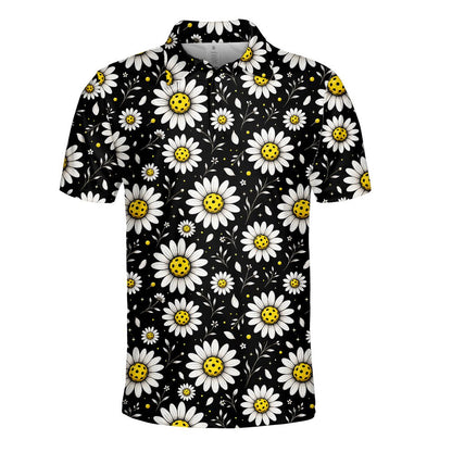 Detailed fabric view of the polyester polo shirt with pickleball daisies