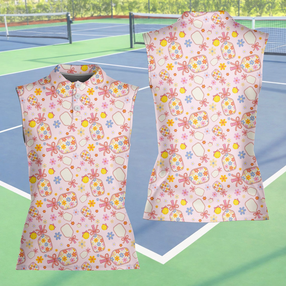Pink polo shirt showcasing the floral pickleball pattern, front view