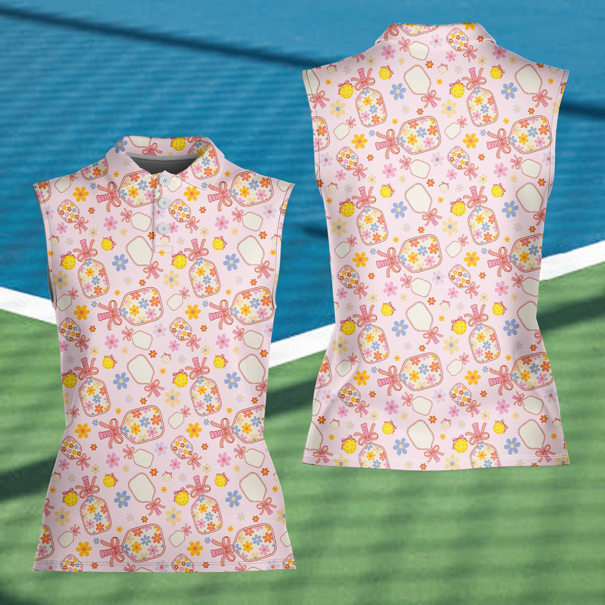 Additional front view of the pink floral pickleball polo shirt