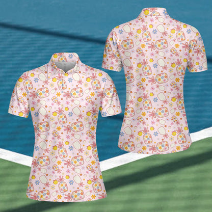 Pink floral pickleball polo shirt, flat lay front view