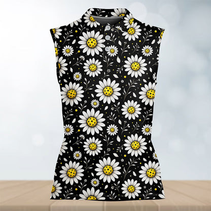 Alternative styled view of the black floral pickleball polo shirt