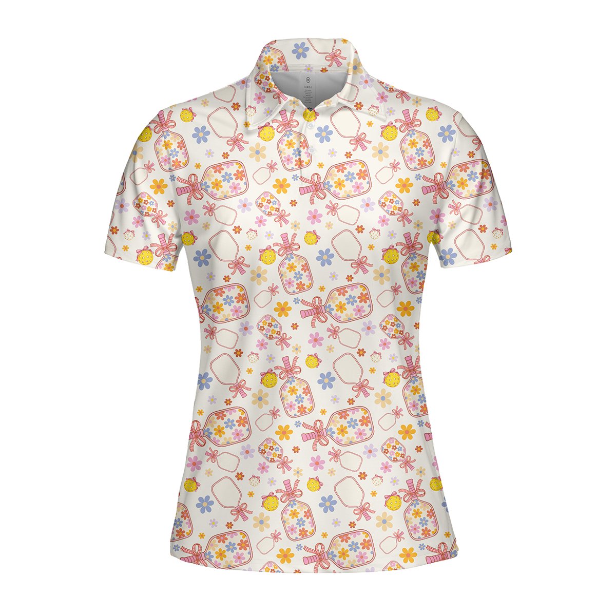 White floral polo shirt featuring a floral pickleball paddle pattern, front view