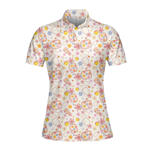 White floral polo shirt featuring a floral pickleball paddle pattern, front view