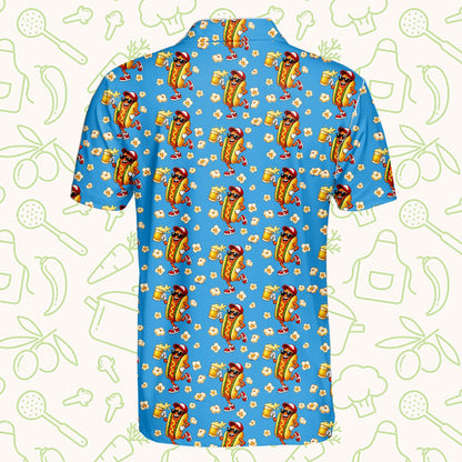 Detailed back view of the light blue hot dog pattern polo shirt