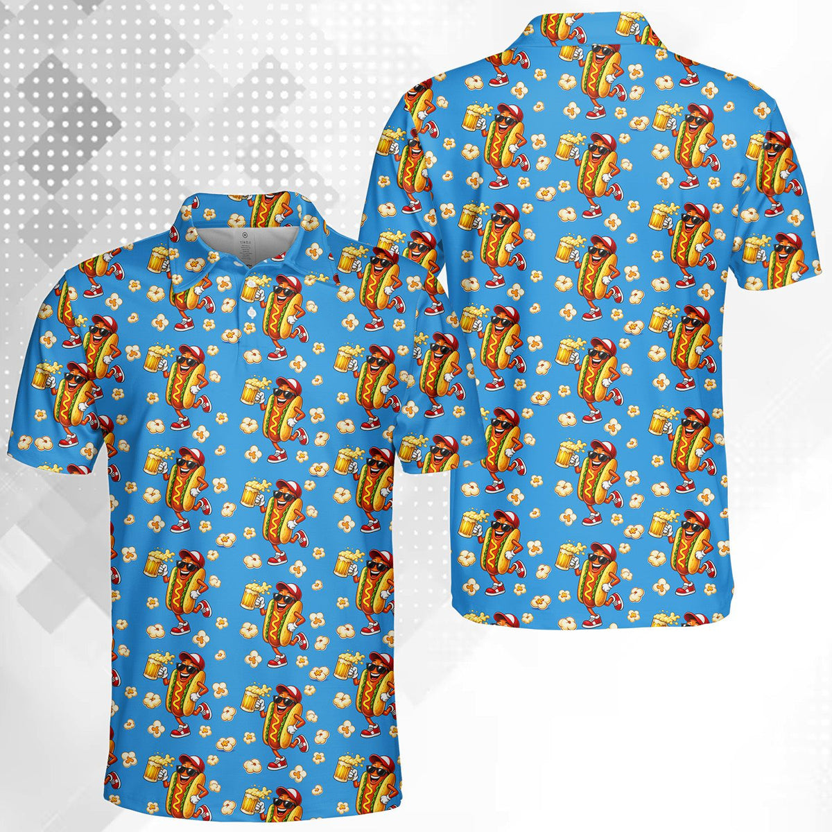 Close up front view of the hot dog and beer pattern polo shirt