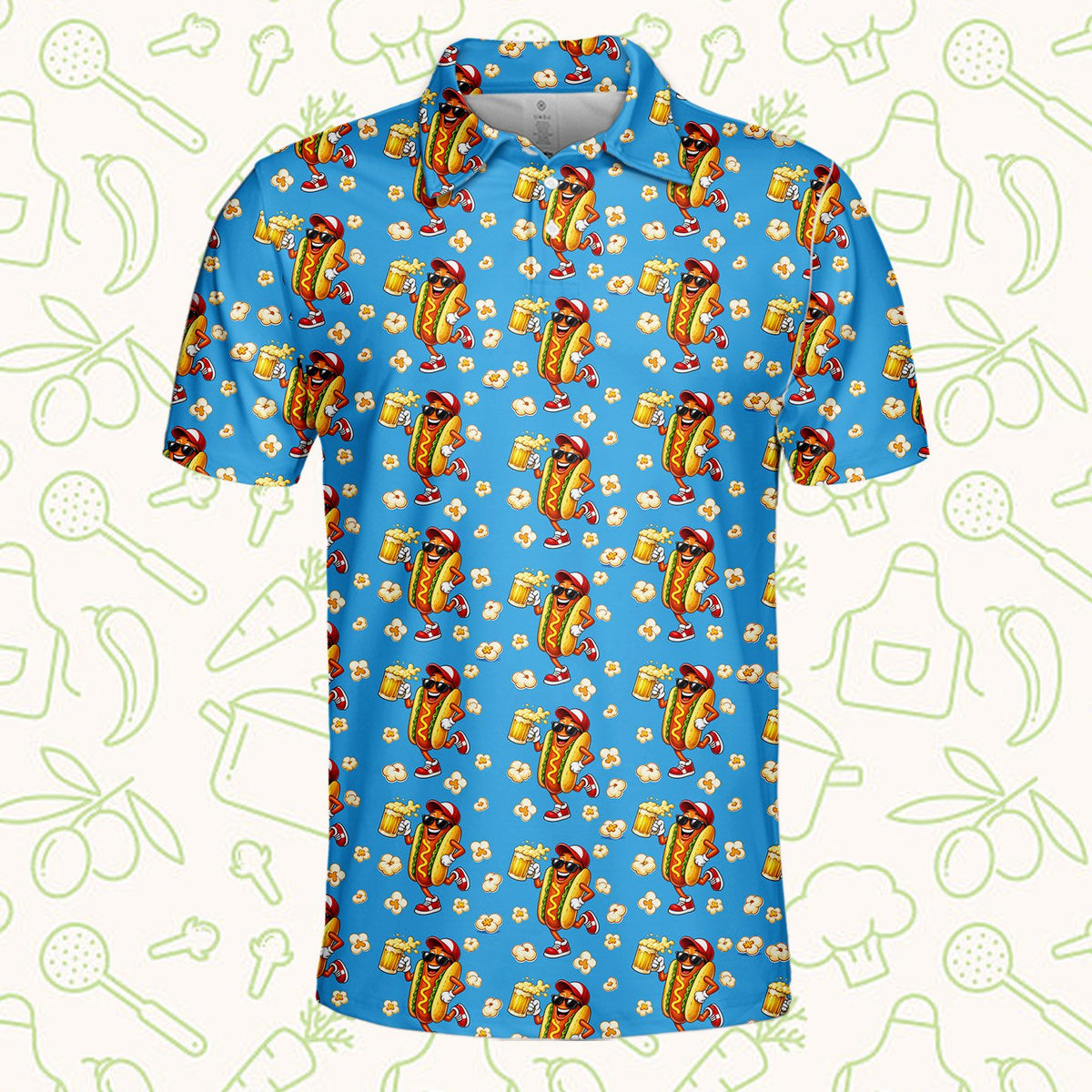 Detailed front view of the hot dog and popcorn pattern