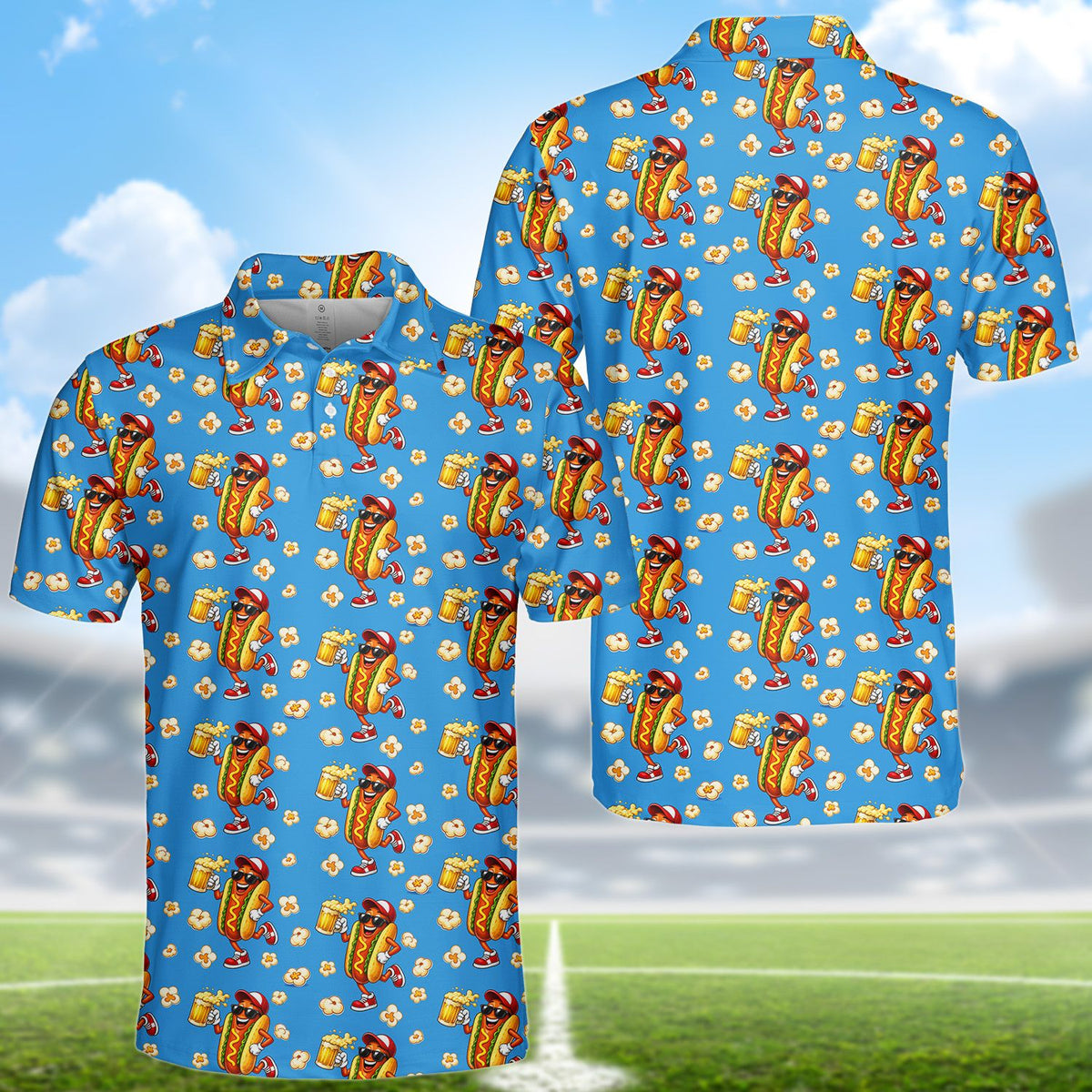 Angled front view of the light blue drink polo shirt