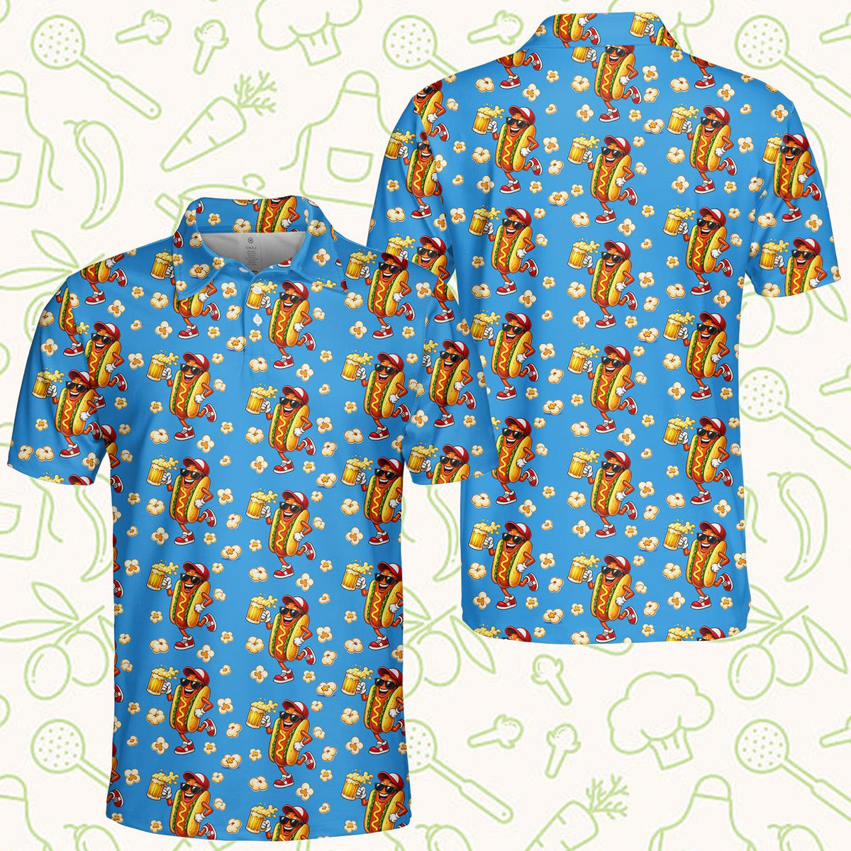 Front view of the light blue food polo shirt with hot dog design