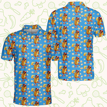 Front view of the light blue food polo shirt with hot dog design