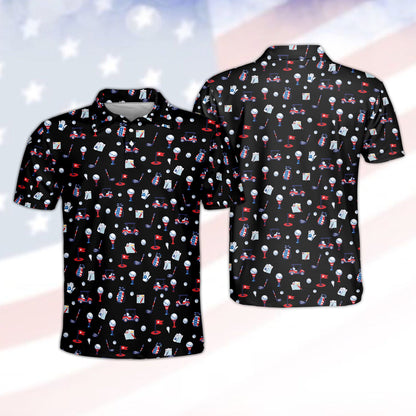 Red fourth polo shirt featuring a USA golf pattern on a black background, front view