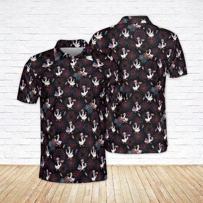 Black fourth polo shirt featuring a patriotic goose and fireworks design, front view