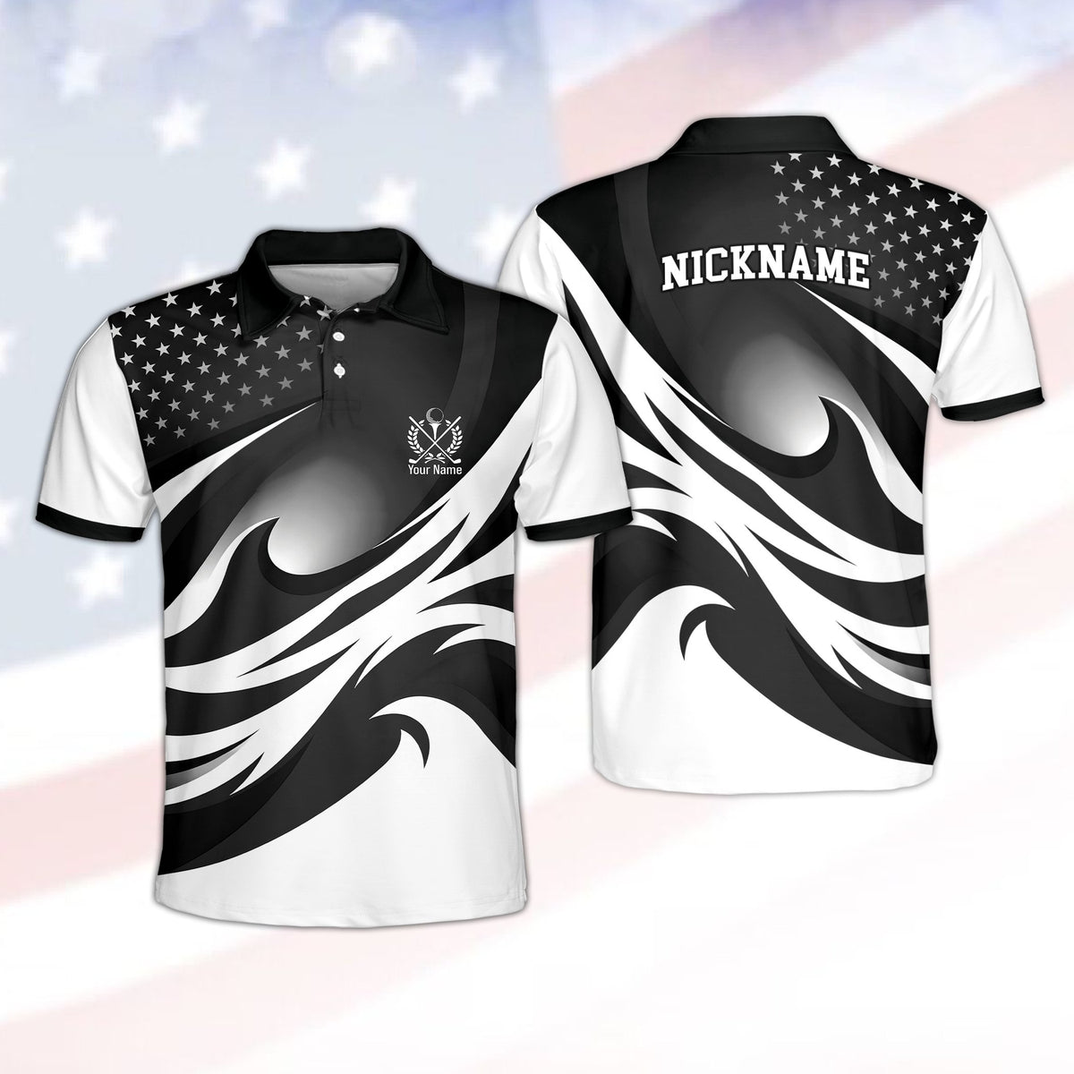 Personalized polo shirt in black with custom name and number, front view