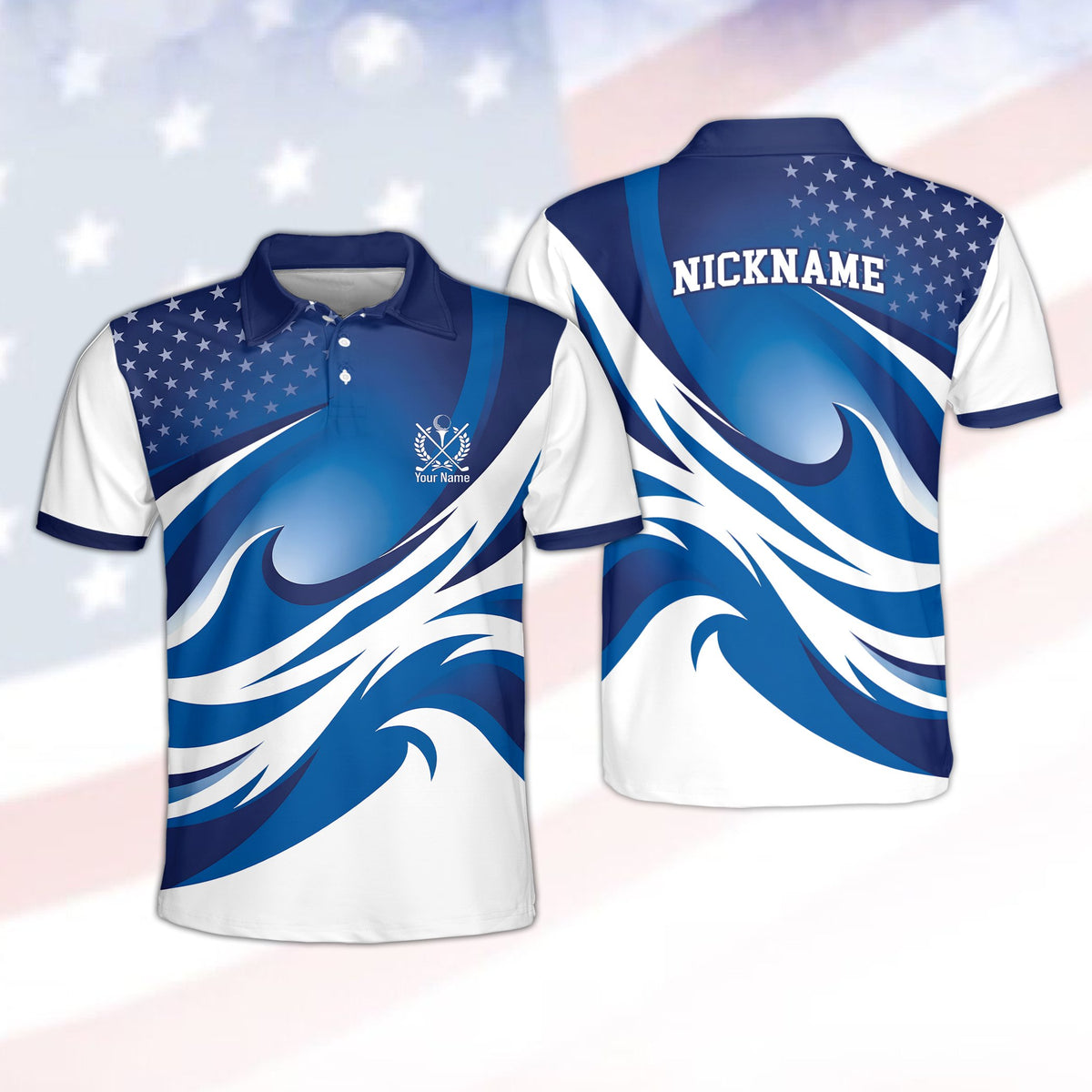 Personalized july polo shirt in blue with custom name and number, front view