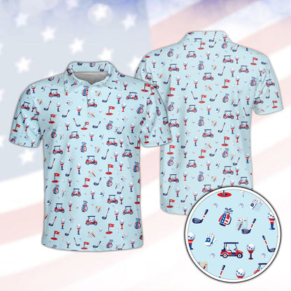 Red fourth polo shirt featuring a USA golf pattern on a blue background, front view