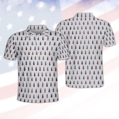Gray holiday polo shirt with stars and stripes golf bag print, front view