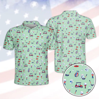 Red fourth polo shirt featuring a USA golf pattern on a green background, front view