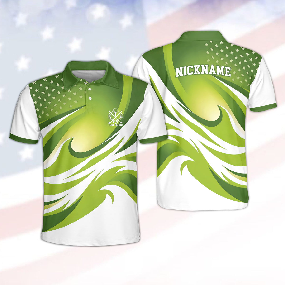 Personalized polo shirt in green with custom name and number, front view