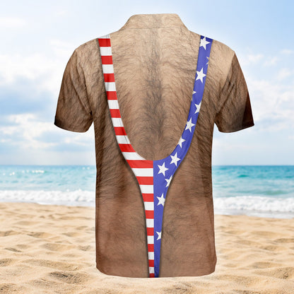 Detailed back view of the humorous mankini polo shirt