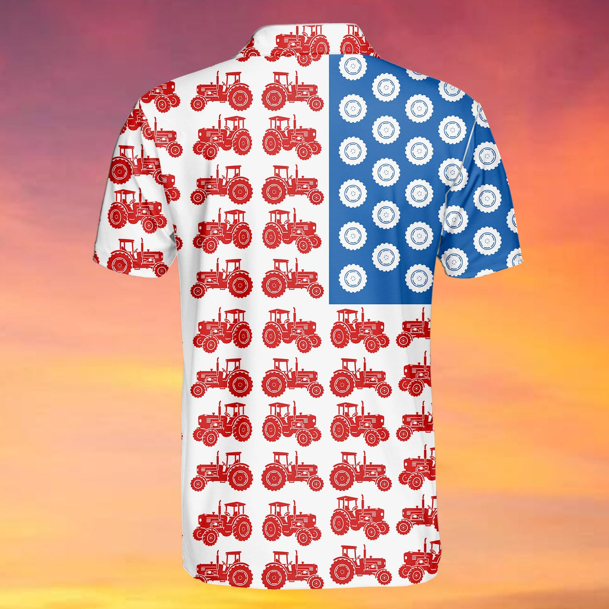 White fourth polo shirt featuring tractor flag motif, back view 2