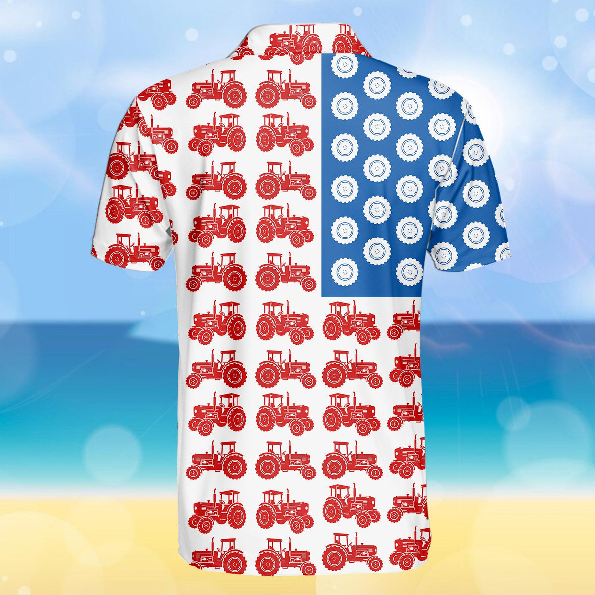 White fourth polo shirt featuring tractor flag motif, back view 3