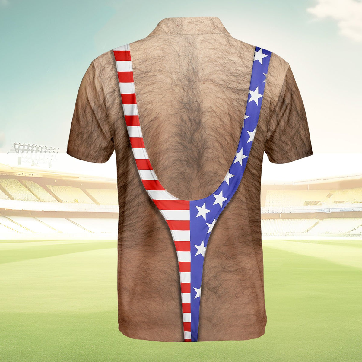 Another back angle of the all-over print polo shirt