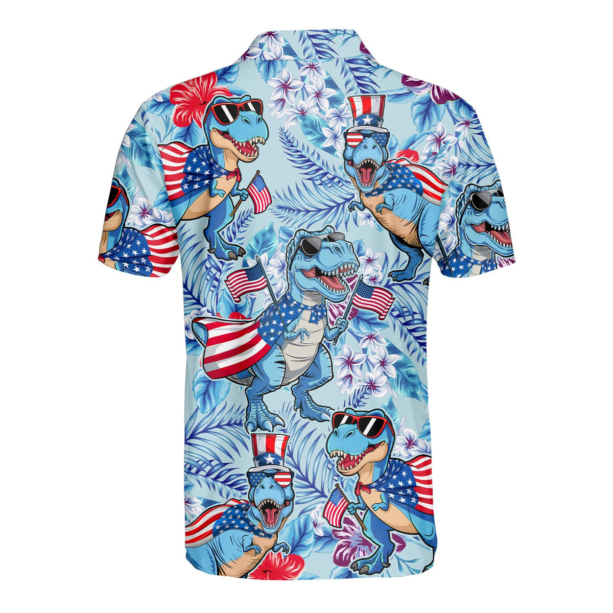 Back view of the tropical polo shirt with American flag caped T-Rex design