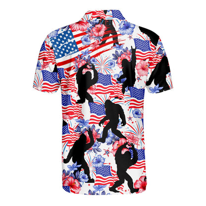 Back view of the fourth of july polo shirt with fireworks and Bigfoot design